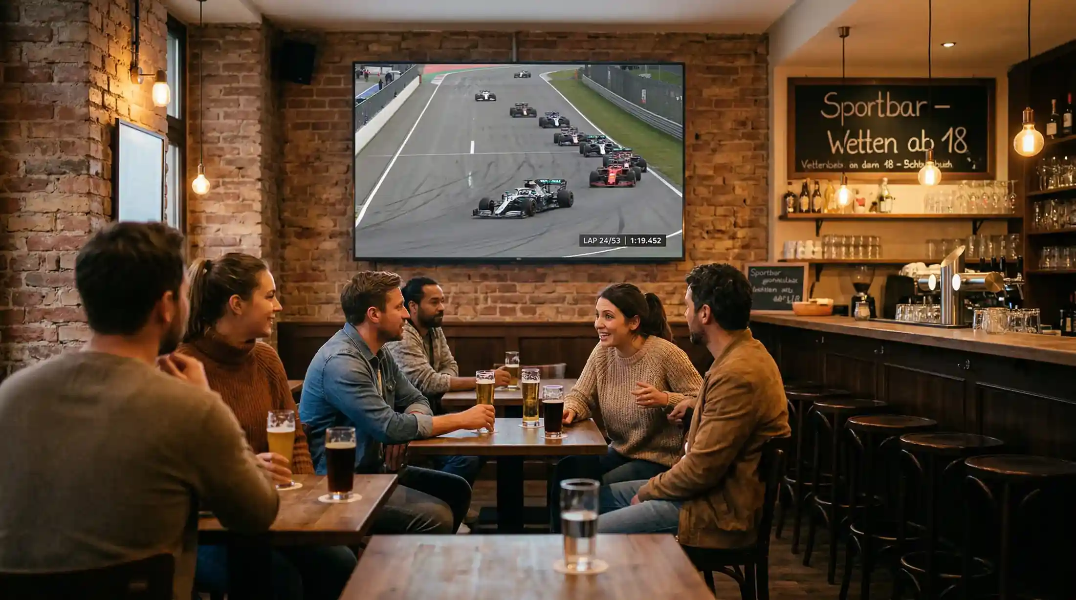 Großbildschirm mit Formel-1-Live-Übertragung in einer deutschen Sportbar mit aufmerksamen Zuschauern